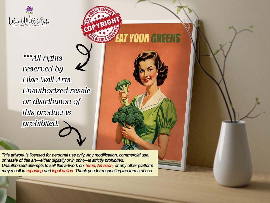 Eat Your Greens And Grin Retro Broccoli Vintage Kitchen Poster - Image 3