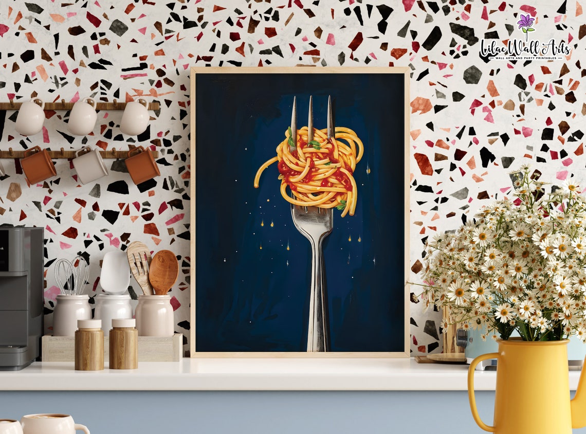 Spaghetti Tomato Sauce Fork Navy Blue Kitchen Food Art Poster
