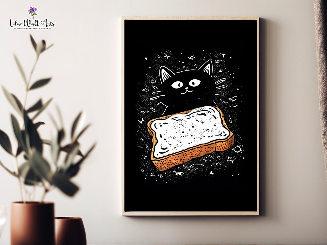 Black Cat Toast Funny Kitchen Poster Quirky Cat Art Bread Decor