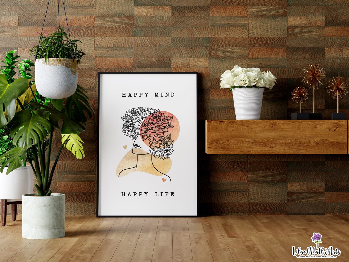 Happy Mind Happy Life Floral Woman Line Art Mental Health Poster - Image 6