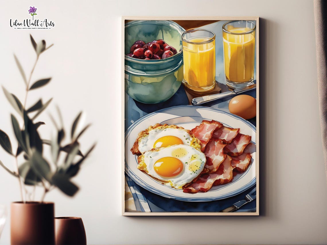 Watercolor Breakfast Plate Eggs Bacon Retro Kitchen Food Poster