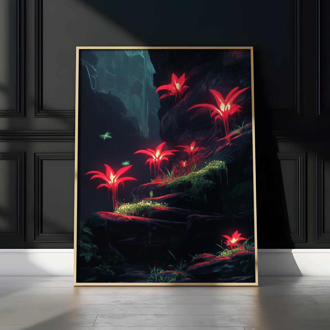 Enchanted Cave Glowing Red Flowers Mystical Dark Fantasy Floral Poster