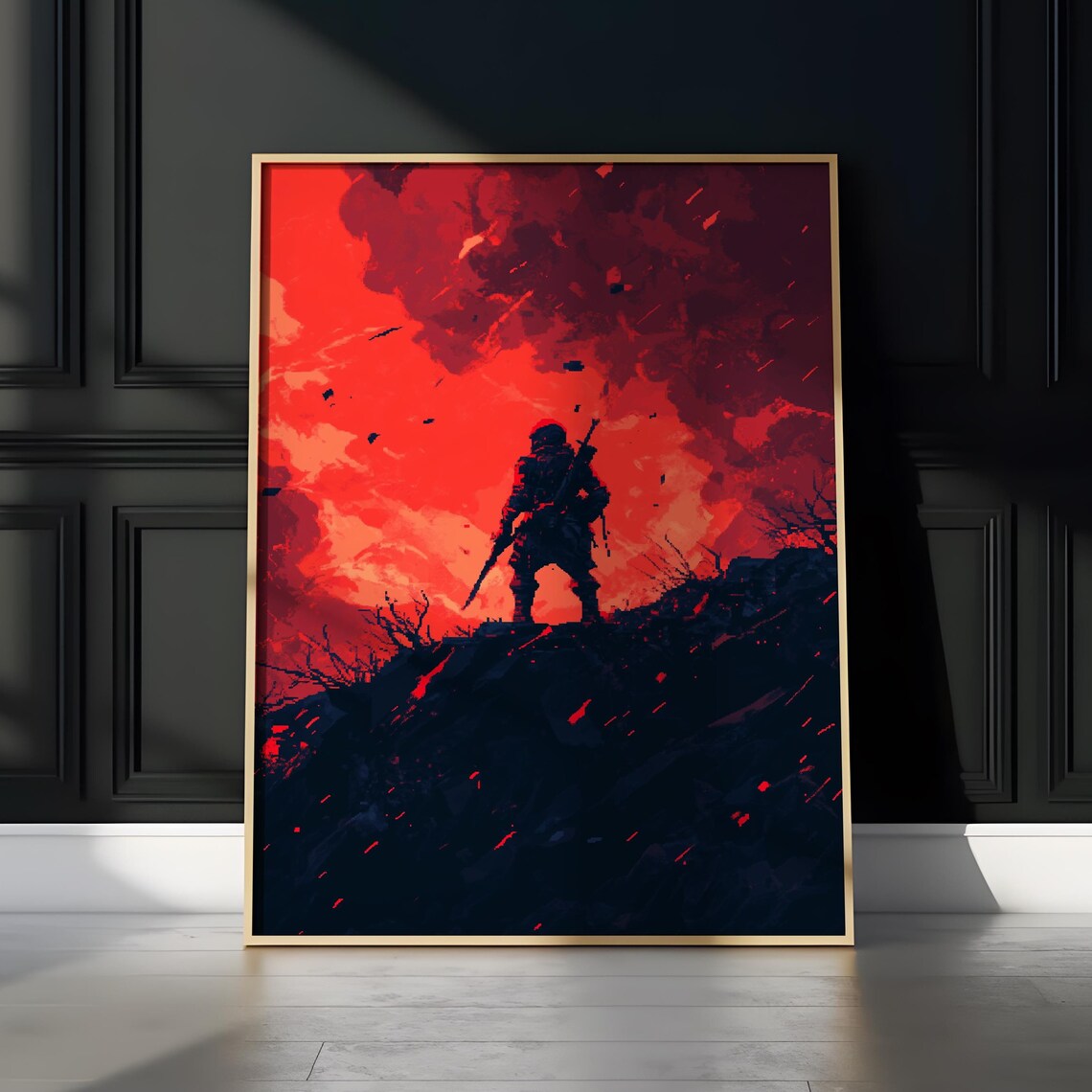 Pixel Art Warrior Red Sky Apocalyptic Soldier Silhouette Art Poster