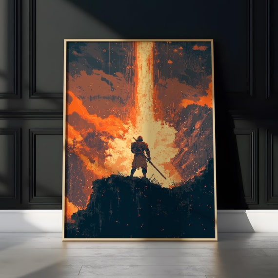 Apocalyptic Warrior Pixel Art Poster Fire Waterfall Cliff Scene Epic Fantasy Wall Art Pixel Artwork For Home Decor