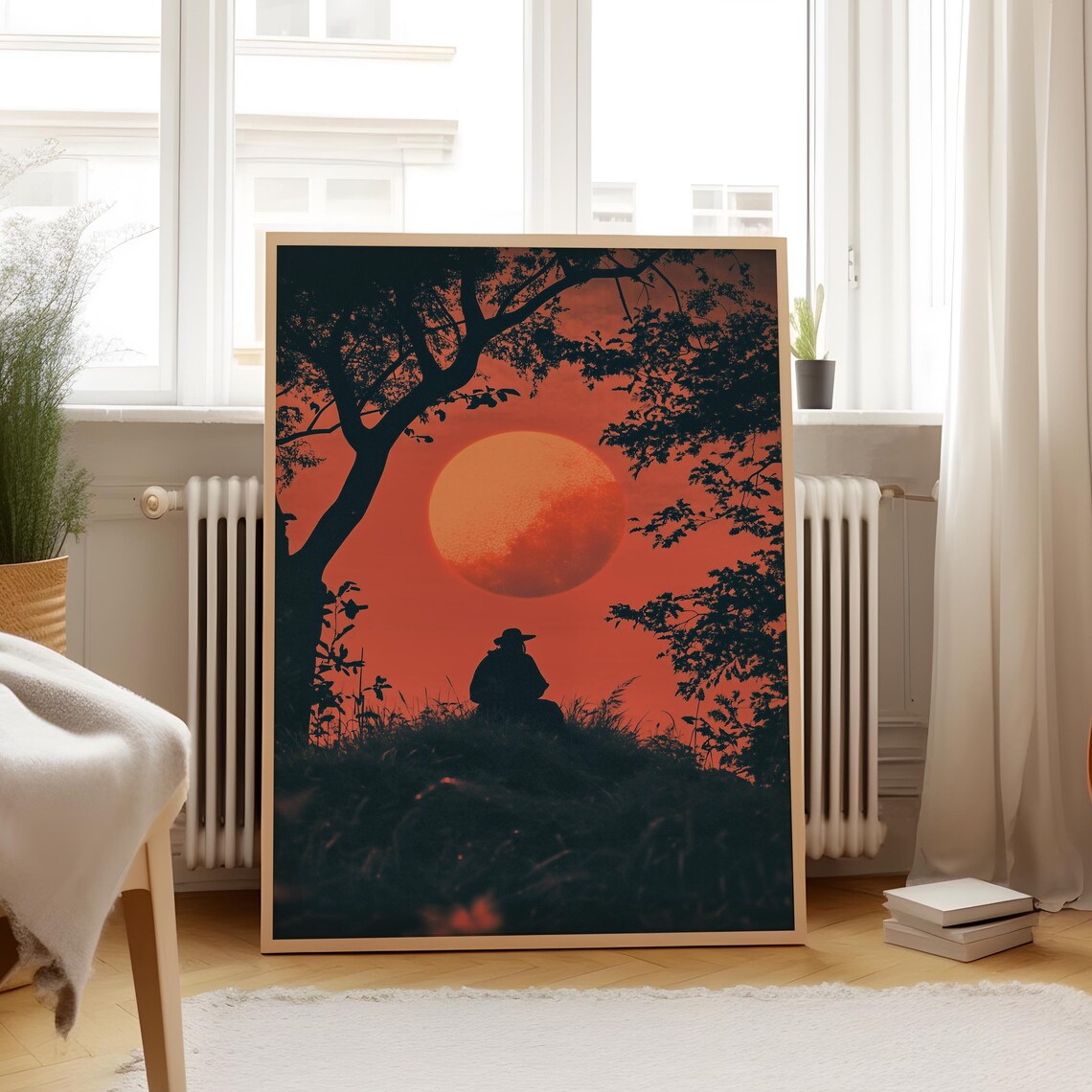 Lone Traveler Red Sun Silhouette Nature Tree Branches Poster