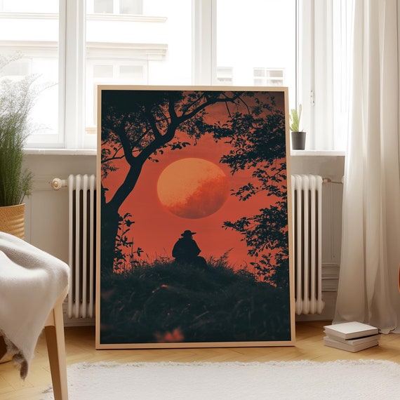 Minimalist Nature Silhouette Wall Art Matte Vertical Poster For Bedroom Living Room Tree Branches Lone Figure Red Sky Sun Home