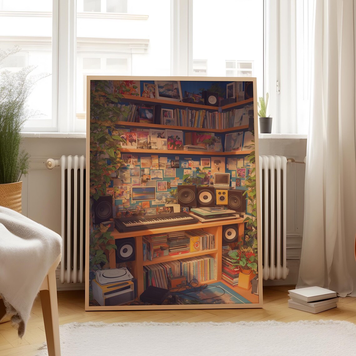Cozy Lofi Music Room Vinyl Keyboard Retro Aesthetic Corner Poster