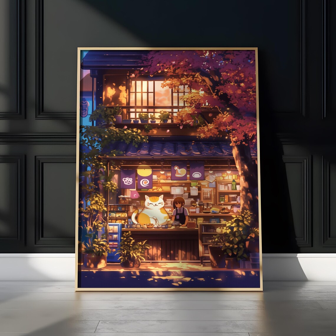 Japanese Storefront Giant Calico Cat Cozy Anime Shop Art Poster