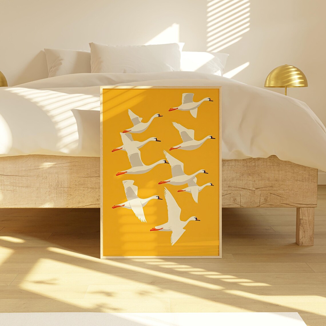Flying Swans Flock Mustard Yellow Minimalist Bird Illustration Poster - Image 2