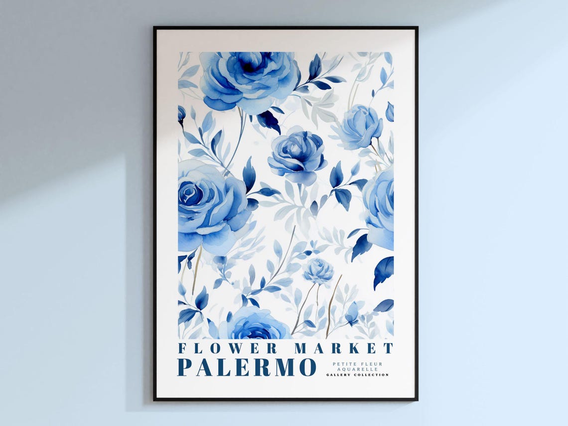 Palermo Flower Market Poster Italy Travel Art Watercolor Flower Print Blue Rose Art Living Room Decor Wedding Gift Christmas Gift
