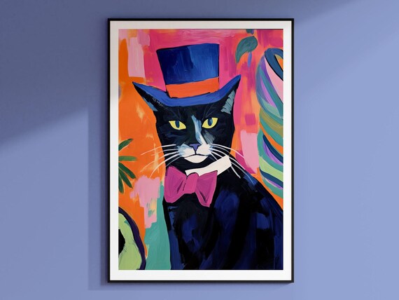 Black Cat in Top Hat and Bow Tie Neon Pop Art Portrait Poster