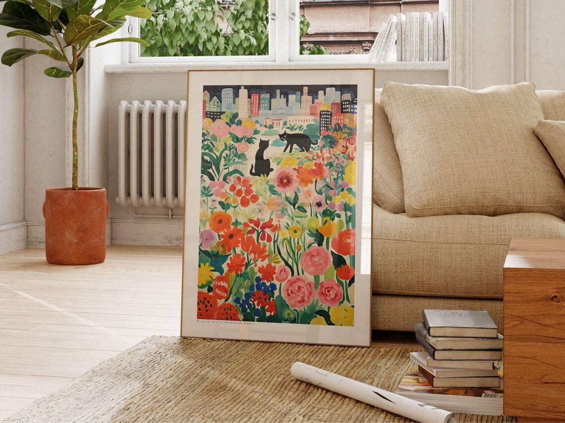 Two Black Cats in Night City Flower Garden Art Beautiful Poster - Image 2