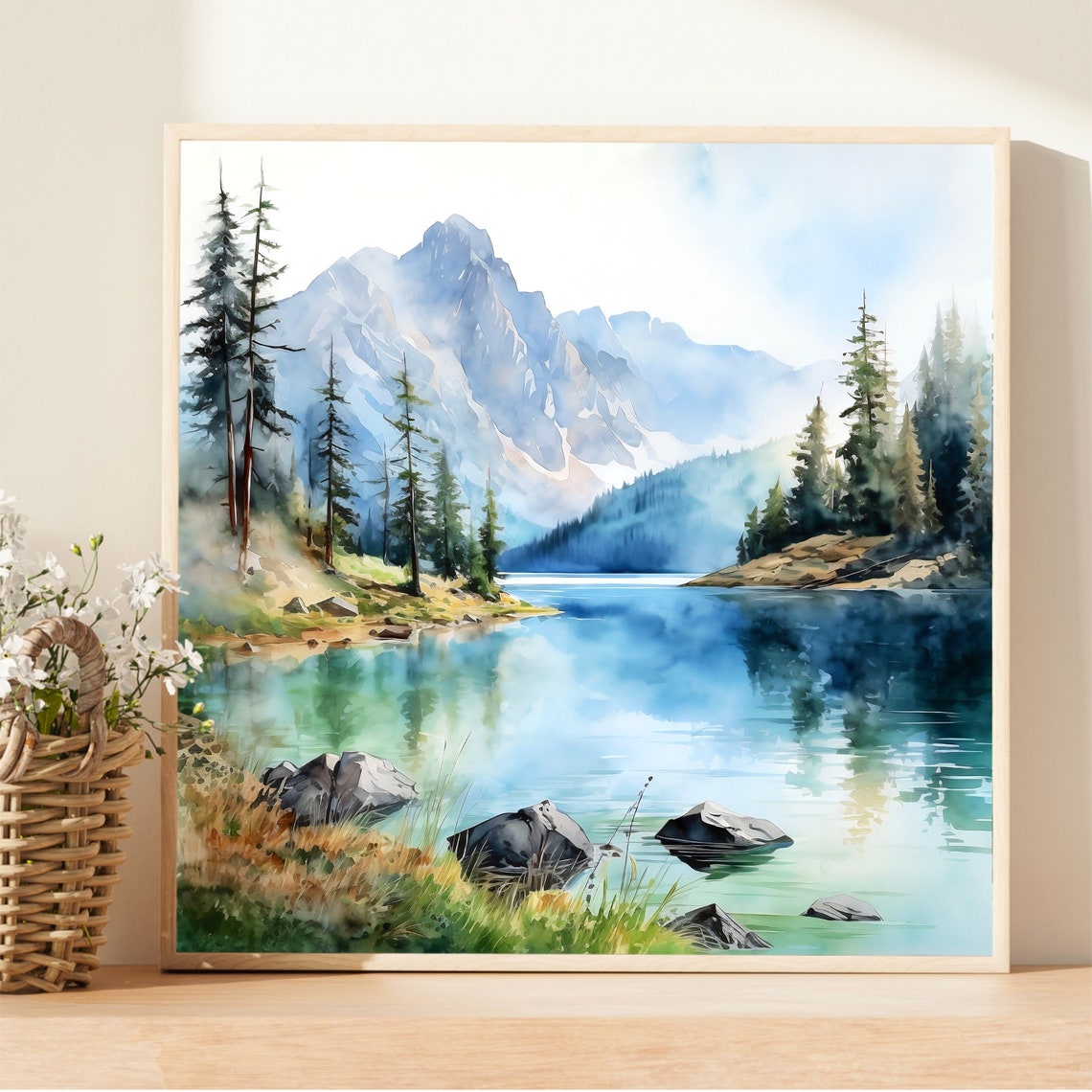 Turquoise Alpine Lake Snowy Peak Pine Shores Watercolor Wall Art - Image 4