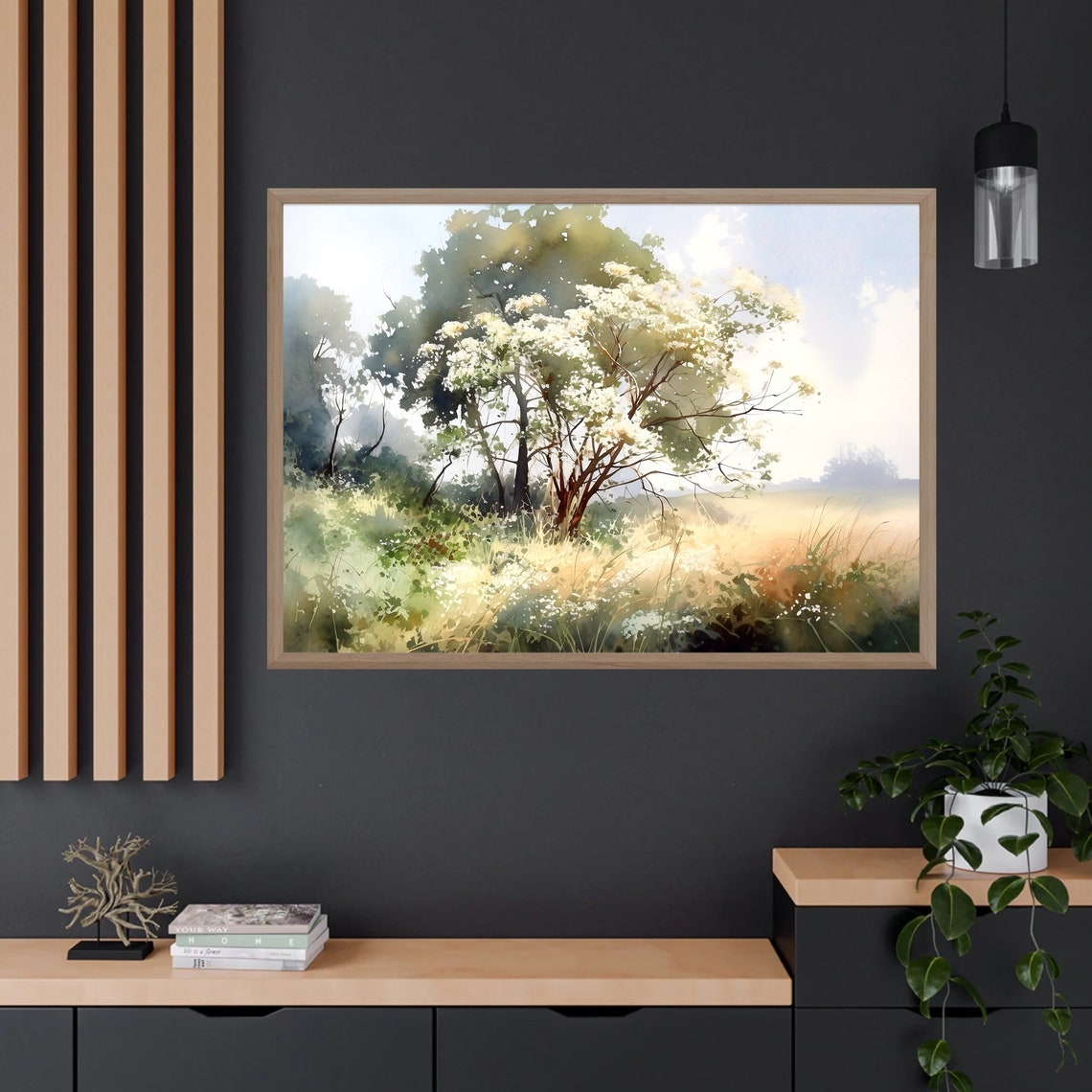 Sunlit Flowering Meadow Golden Morning Light Watercolor Art Print - Image 4