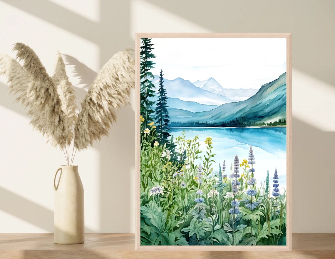 Mountain Lake Lupine Meadow Wildflowers Pine Trees Watercolor Poster - Image 2