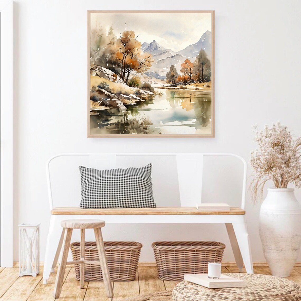 Autumn Lake Golden Trees Mountain Reflection Watercolor Art Print - Image 4