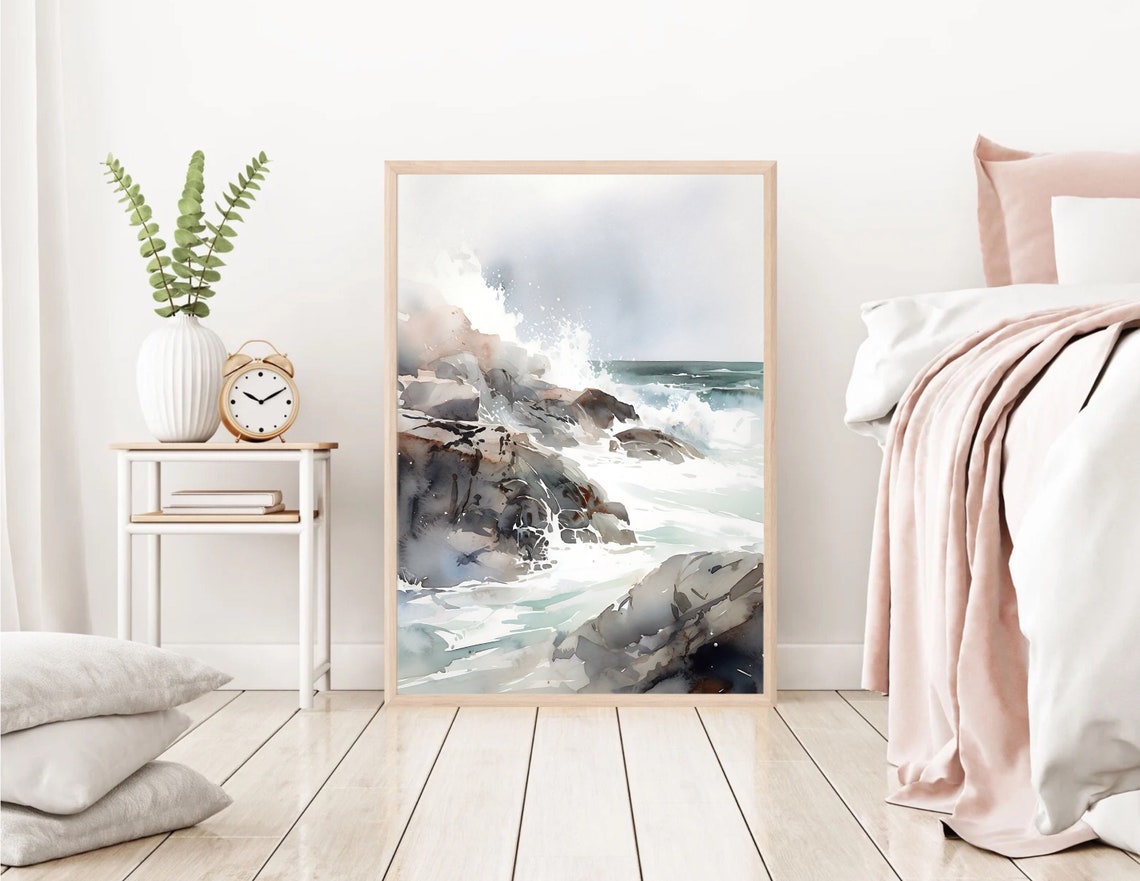 Ocean Waves Crashing Dark Rocks Spray Watercolor Seascape Poster - Image 2