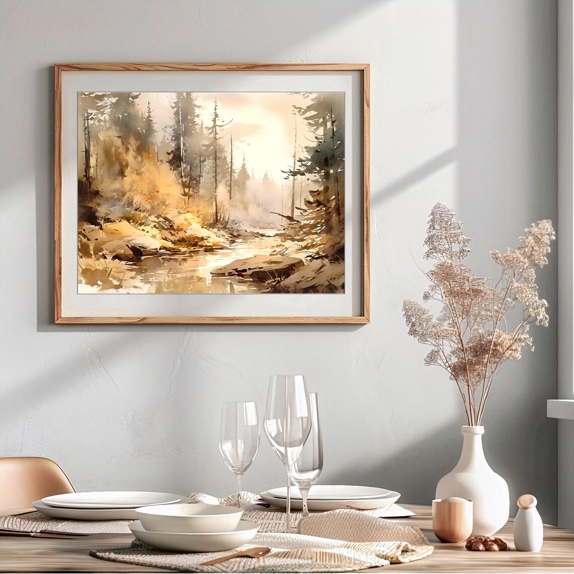 Misty Evergreen Forest Stream Soft Morning Light Watercolor Poster - Image 5