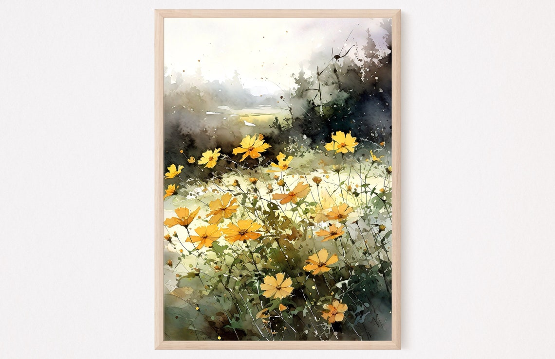 Yellow Cosmos Wildflowers Watercolor Meadow with Soft Light Poster
