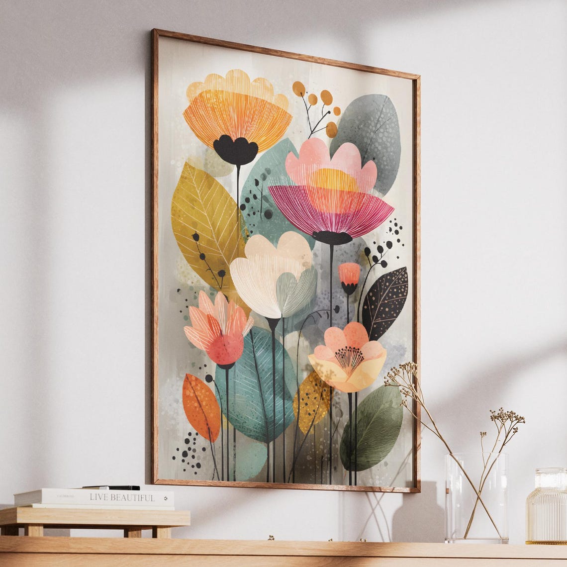 Modern Abstract Floral Art Colorful Stylized Flowers Home Decor Print