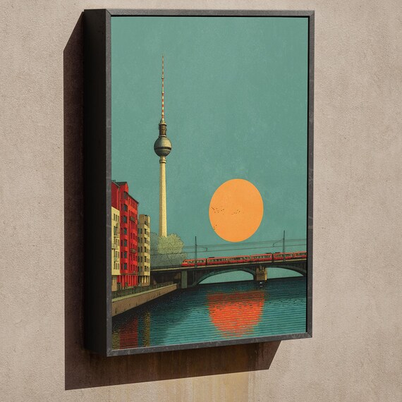Berlin TV Tower Sunset Cityscape Over the River Retro Travel Poster