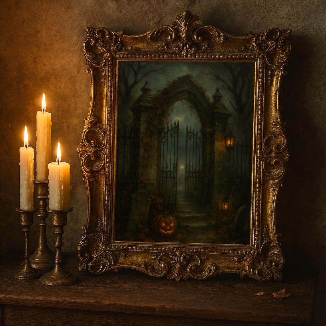 Haunted Gate Halloween Wall Art Gothic Graveyard Spooky Oil Painting Dark House Decor