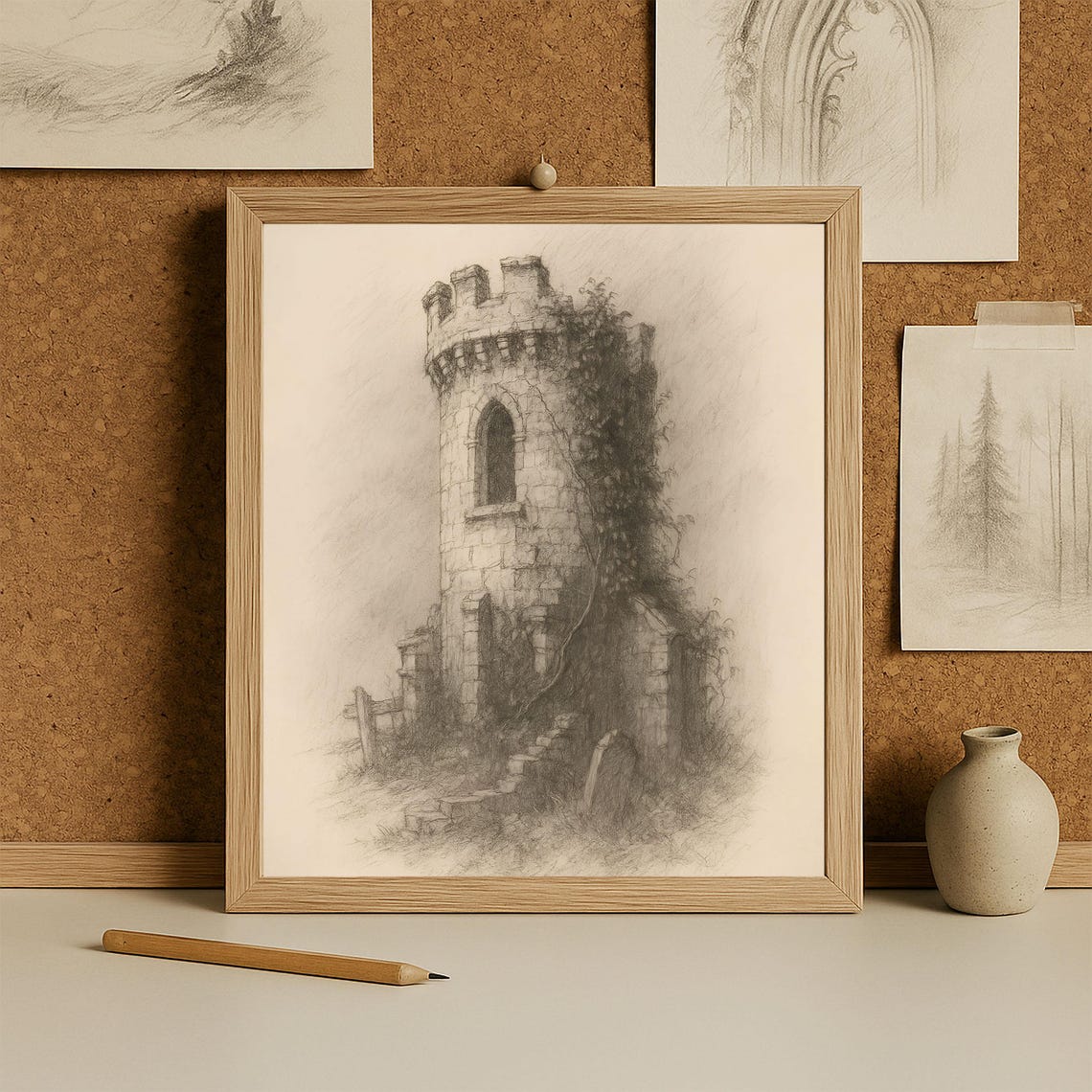 Ancient Stone Tower Ruins Ivy Covered Vintage Sketch Art Poster