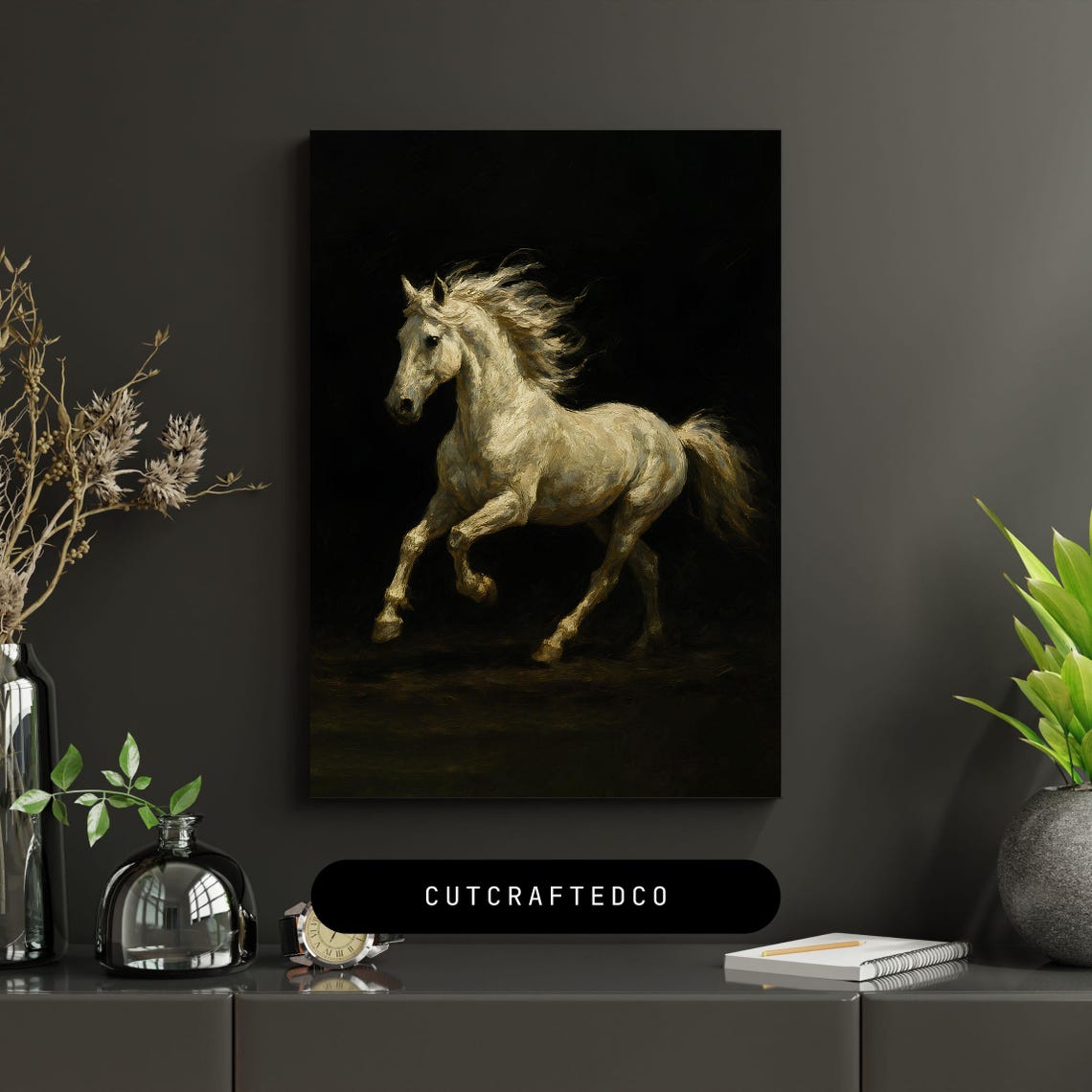 White Stallion Galloping Dramatic Dark Oil Painting Horse Poster