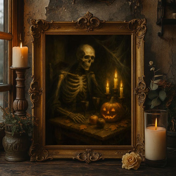 Skeleton Halloween Wall Art Gothic Candlelit Oil Painting Haunted Jack Olantern Creepy Decor Spooky Horror Print