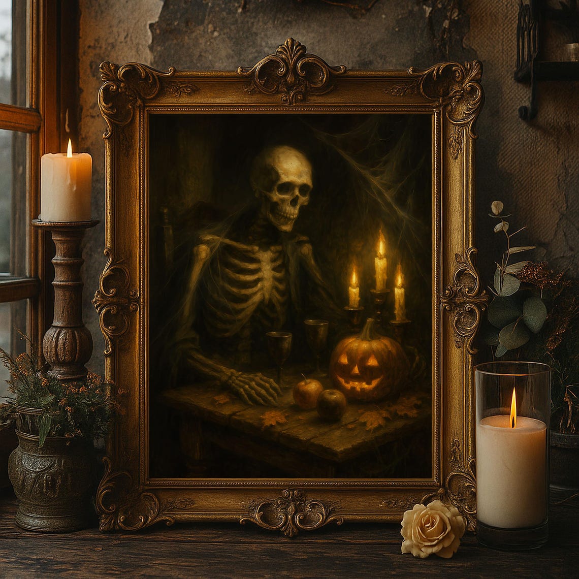 Skeleton Halloween Wall Art Gothic Candlelit Oil Painting Haunted Jack Olantern Creepy Decor Spooky Horror Print