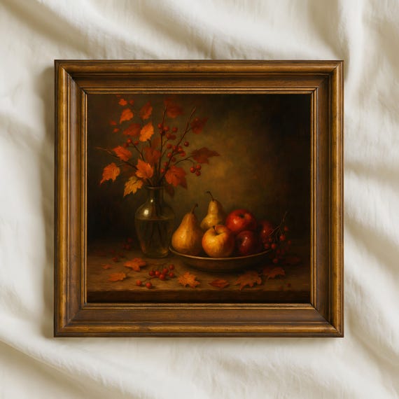 Autumn Still Life With Fruit Rustic Fall Harvest Wall Art Print Square Vintage Style Artwork For Cozy Home Decor