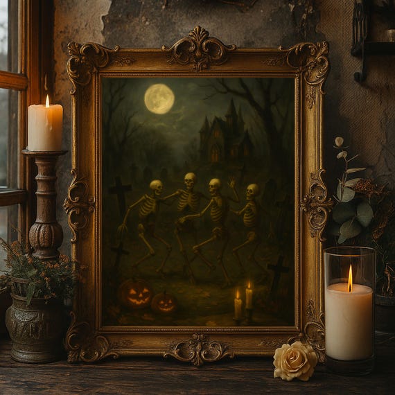 Dancing Skeletons Wall Art Haunted Graveyard Halloween Oil Painting Spooky Gothic Artwork