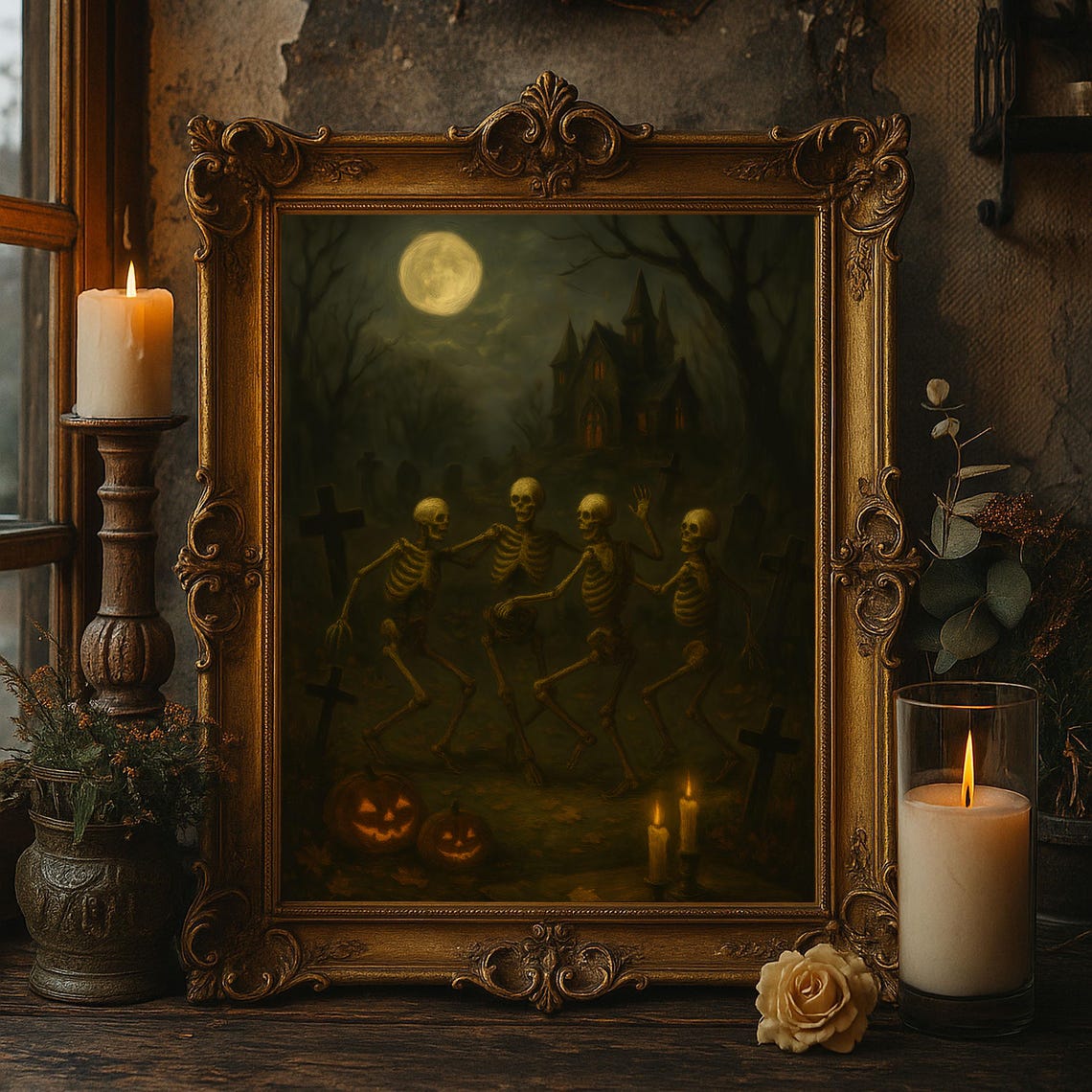Dancing Skeletons Wall Art Haunted Graveyard Halloween Oil Painting Spooky Gothic Artwork