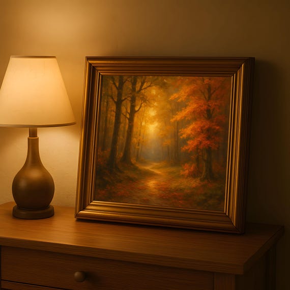 Golden Autumn Forest Path Wall Art Rustic Fall Trees Landscape Cozy Seasonal Home Decor