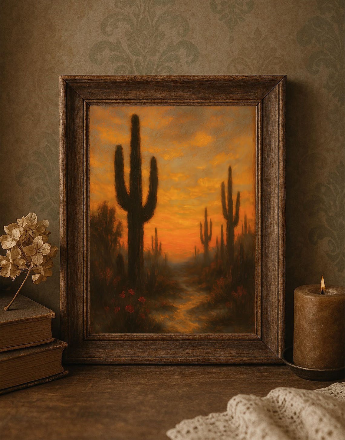 Saguaro Cactus Sunset Desert Silhouette Warm Western Art Poster