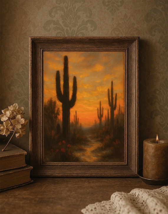 Saguaro Cactus Sunset Desert Silhouette Warm Western Art Poster