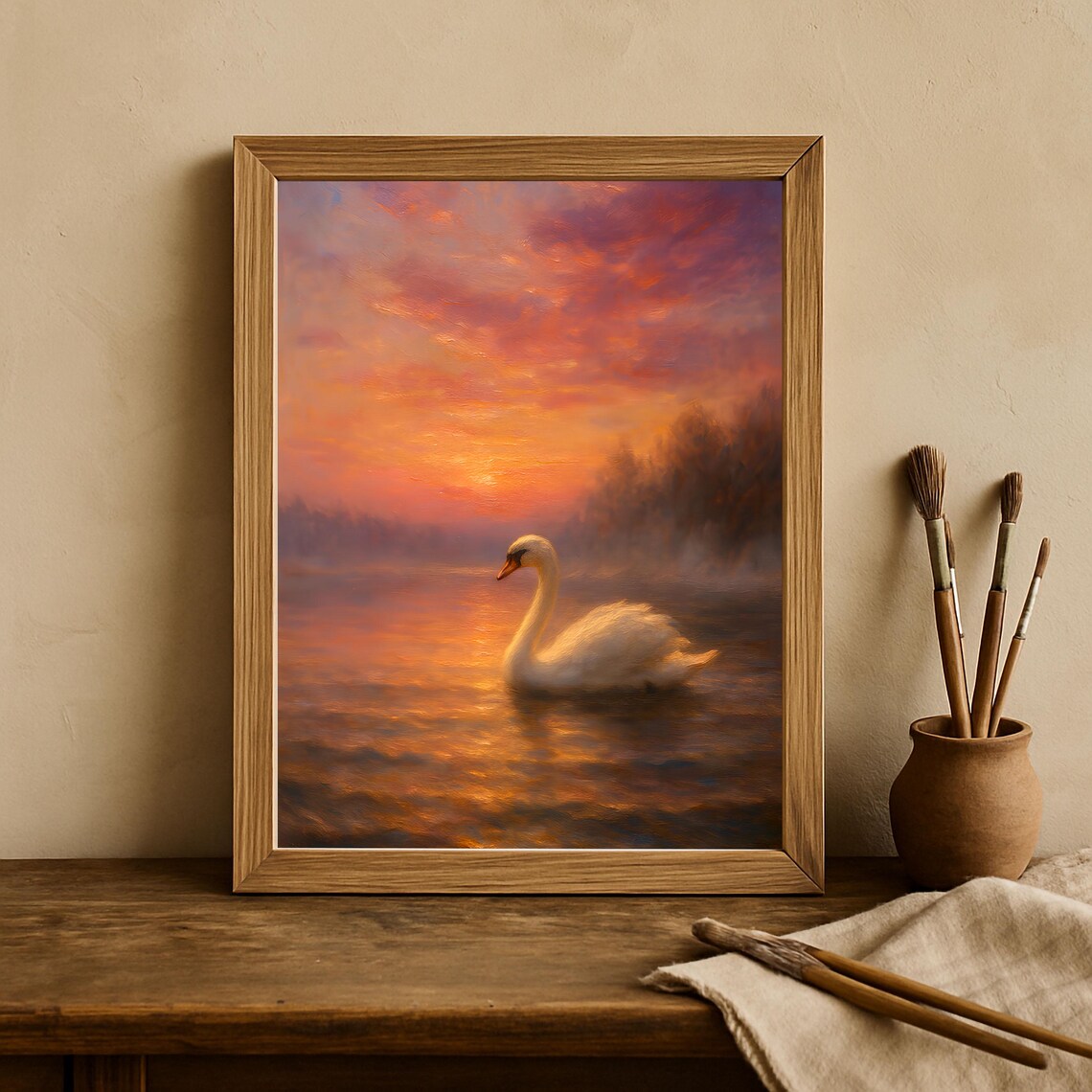 White Swan Gliding Water Fiery Sunset Oil Painting Art Poster