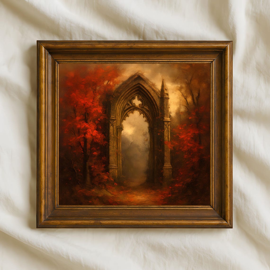 Gothic Autumn Archway Dark Academia Wall Art Fantasy Forest Red Leaves Print For Cozy Rustic Fall Home Decor