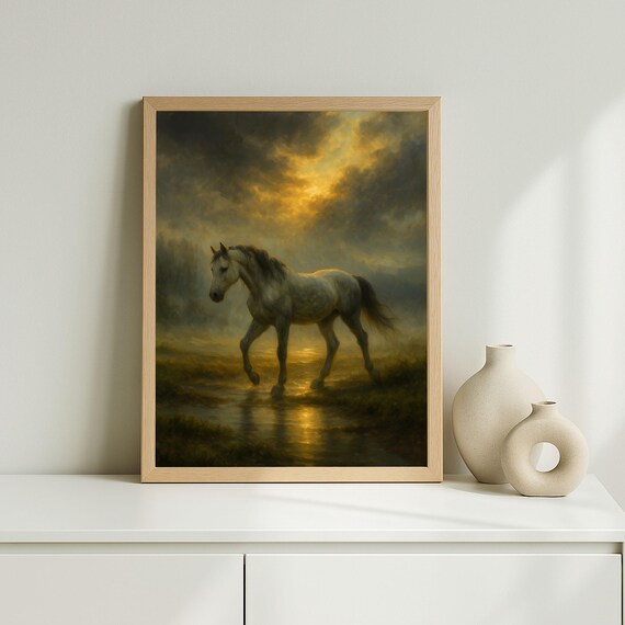 Stormlight Horse Dramatic Realistic Oil Painting Wall Art Rustic Western Animal Print Moody Decor