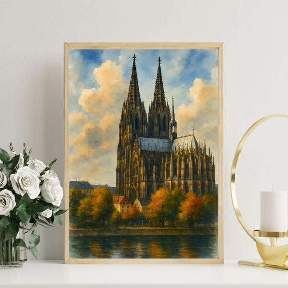 Cologne Cathedral Wall Art Print Autumn Gothic Architecture Watercolor Style Germany Travel Poster European Cityscape Decor
