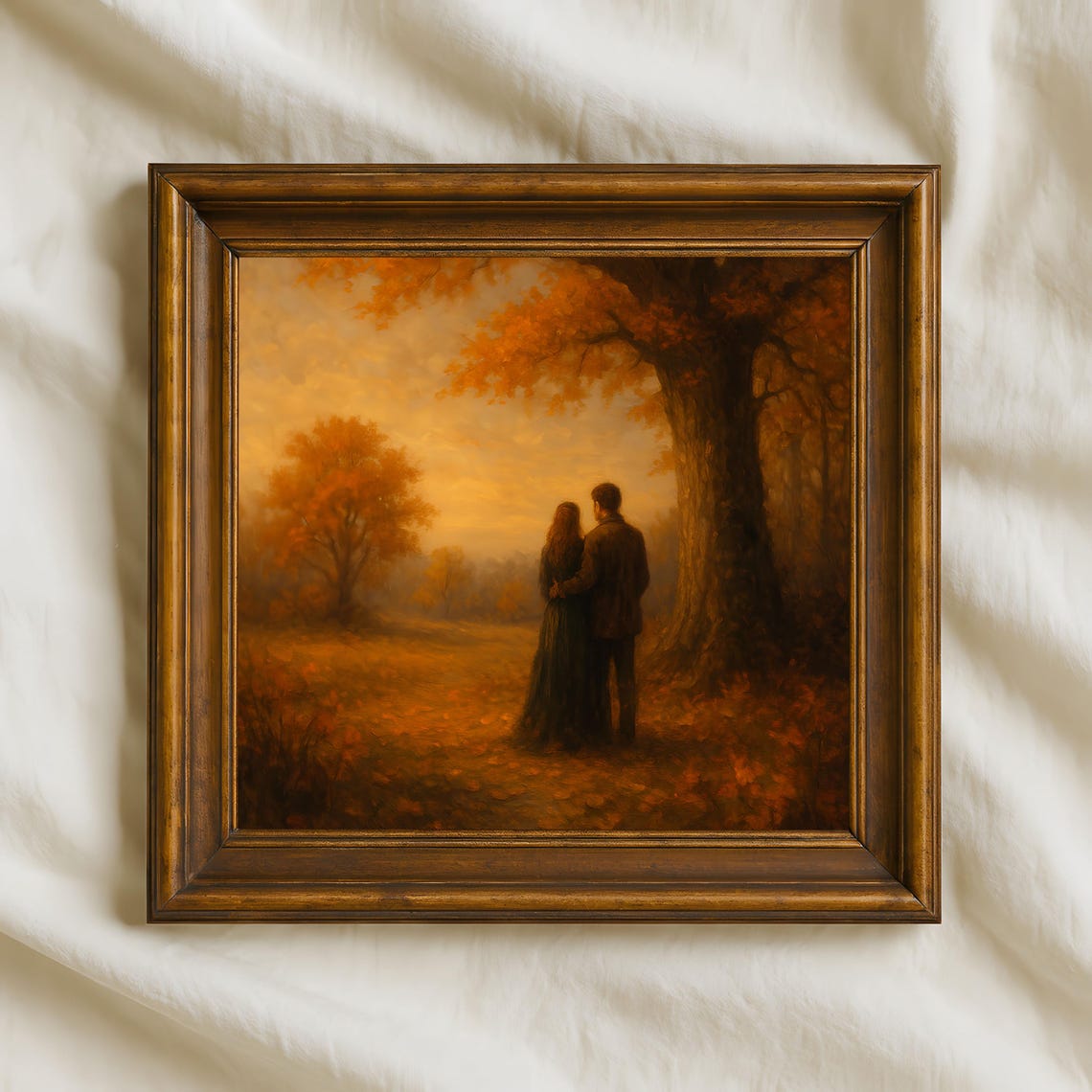 Romantic Lovers Golden Autumn Field Sunset Embrace Art Poster