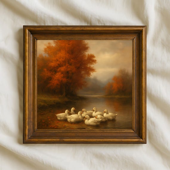 Autumn Ducks Wall Art Rustic River Landscape Painting With White Fall Nature Print