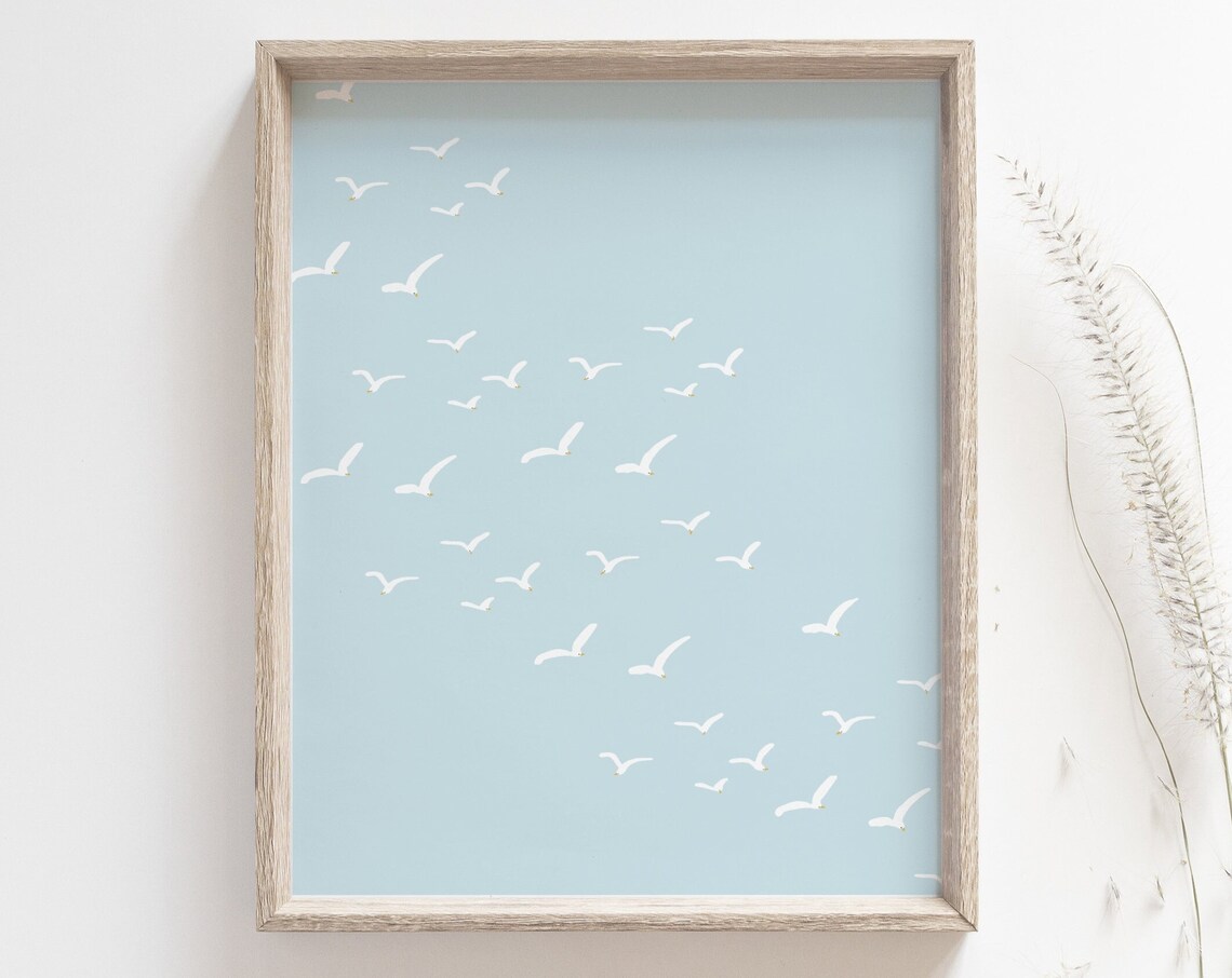 Seagull Flock in the Sky Coastal Art Print