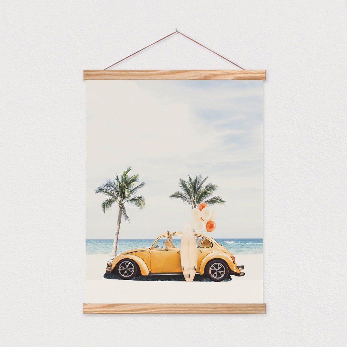 Yellow Vintage Beetle Car At Beach With Surfboard Palm Trees Poster - Image 2