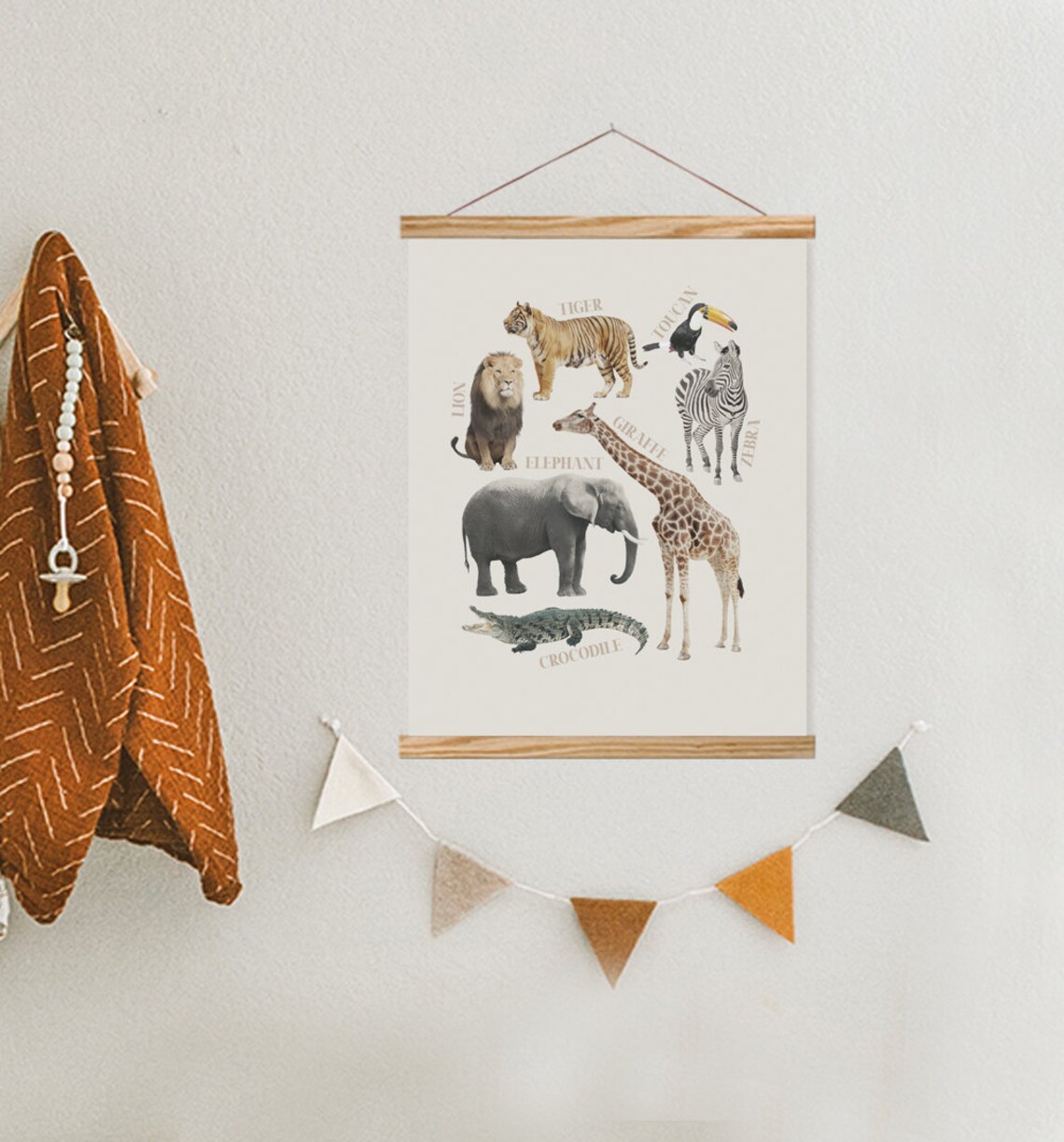 Safari Animals Chart Kids Educational Lion Tiger Elephant Art Poster
