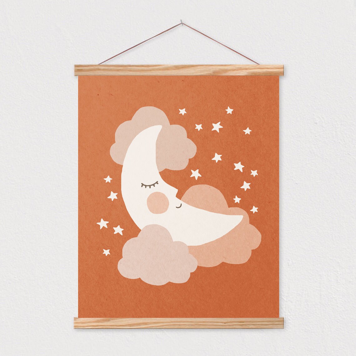 Sleeping Crescent Moon Stars Terracotta Kids Nursery Night Art Poster - Image 2