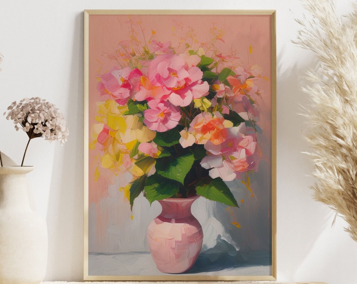 Pink Floral Bouquet Oil Painting Soft Blush Impressionist Print