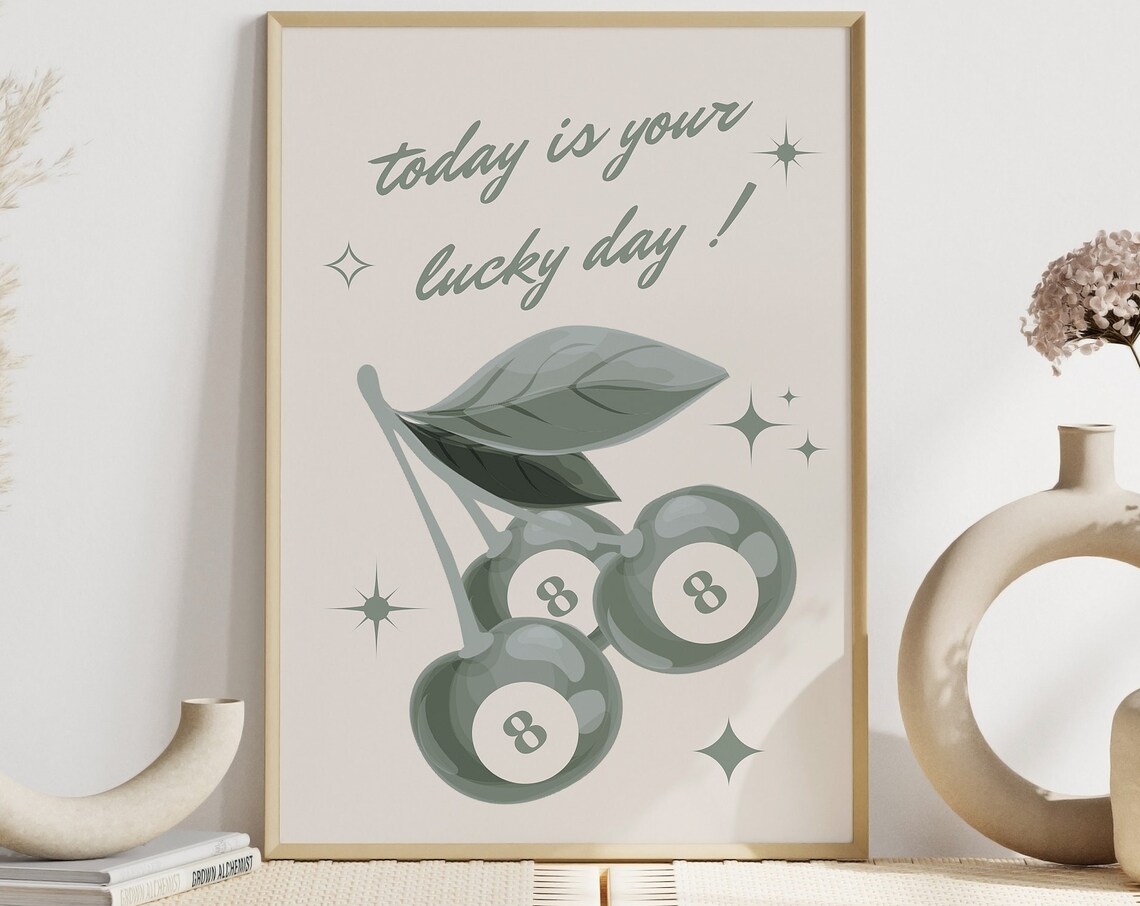 Today Is Your Lucky Day Eight Ball Cherries Retro Green Poster