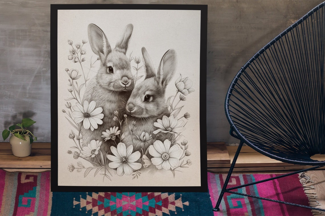 Two Rabbits Among Flowers Graphite Pencil Sketch Animal Poster - Image 3