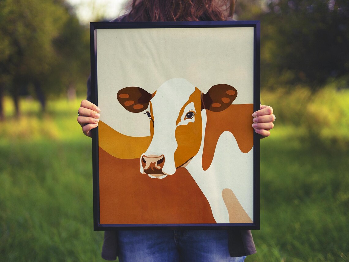 Contemporary Stylized Cow Portrait in Rich Burnt Orange Poster - Image 5